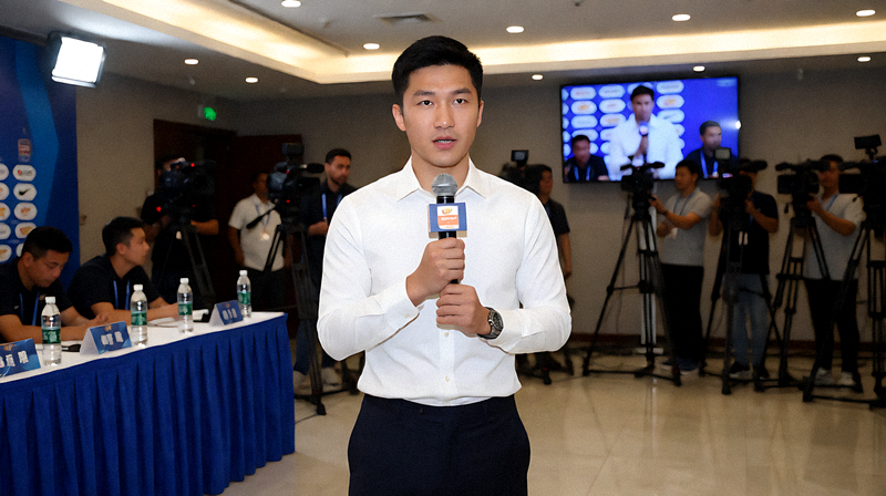体育新闻发布现场记者拍摄赛事报道的画面