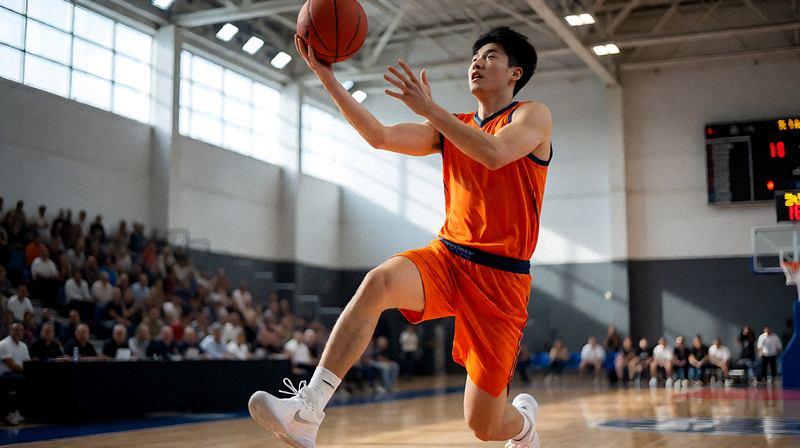 室内篮球馆中球员突破上篮的比赛瞬间